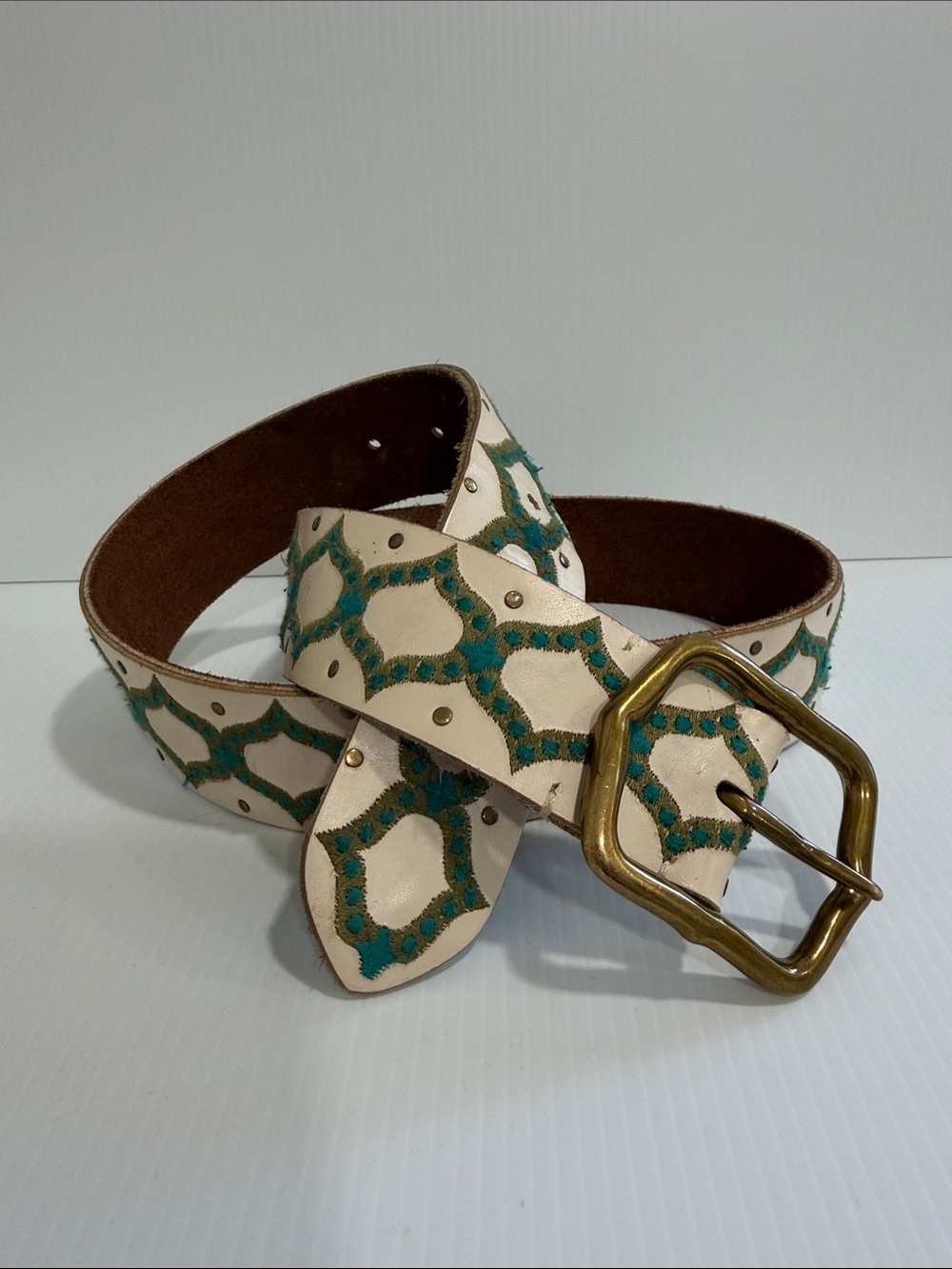 Lucky Brand Cream Leather Belt with Teal Studded Pattern and Brass Buckle